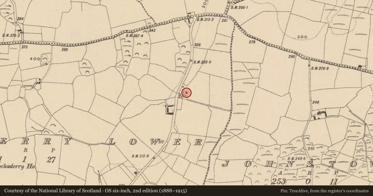 Ordnance Survey six-inch map, 2nd edition (1888–1915) covering the location of Burnt mound, Knockaderry Lower, County Waterford, with a pin at the register's coordinates