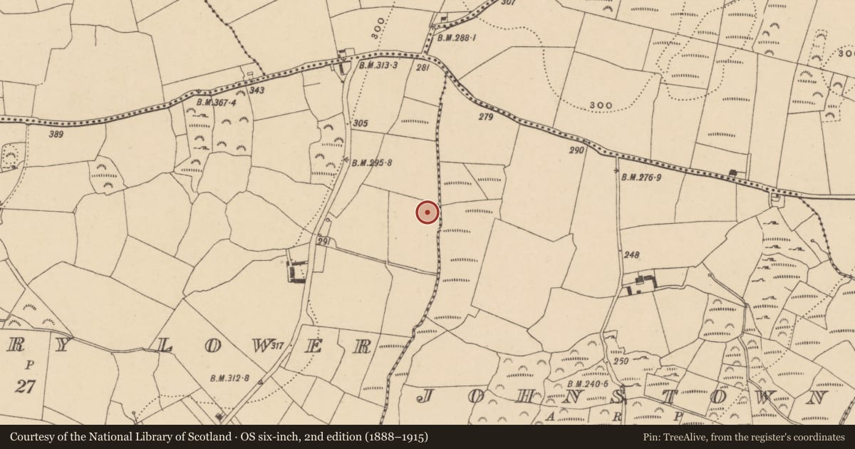 Ordnance Survey six-inch map, 2nd edition (1888–1915) covering the location of Burnt mound, Knockaderry Lower, County Waterford, with a pin at the register's coordinates