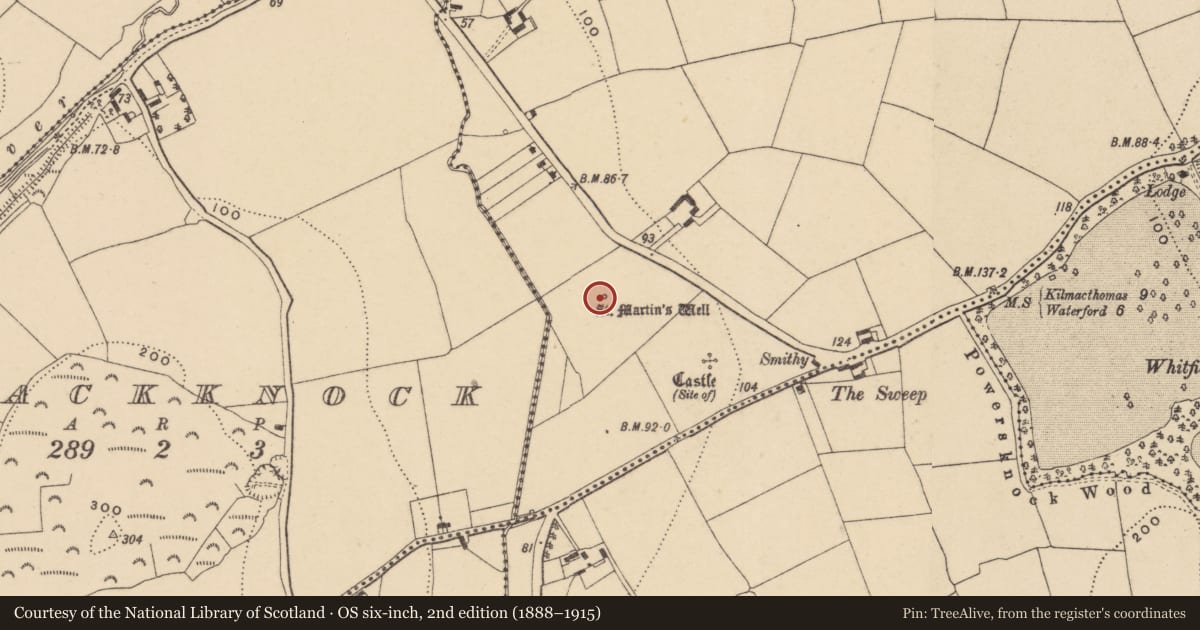 Ordnance Survey six-inch map, 2nd edition (1888–1915) covering the location of Ritual site - holy well, Adamstown (Middlethird By., Kilmeadan Par.), County Waterford, with a pin at the register's coordinates
