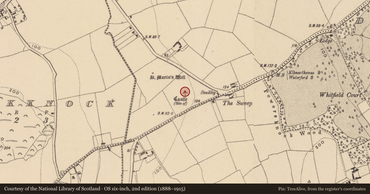 Ordnance Survey six-inch map, 2nd edition (1888–1915) covering the location of Castle - unclassified, Adamstown (Middlethird By., Kilmeadan Par.), County Waterford, with a pin at the register's coordinates