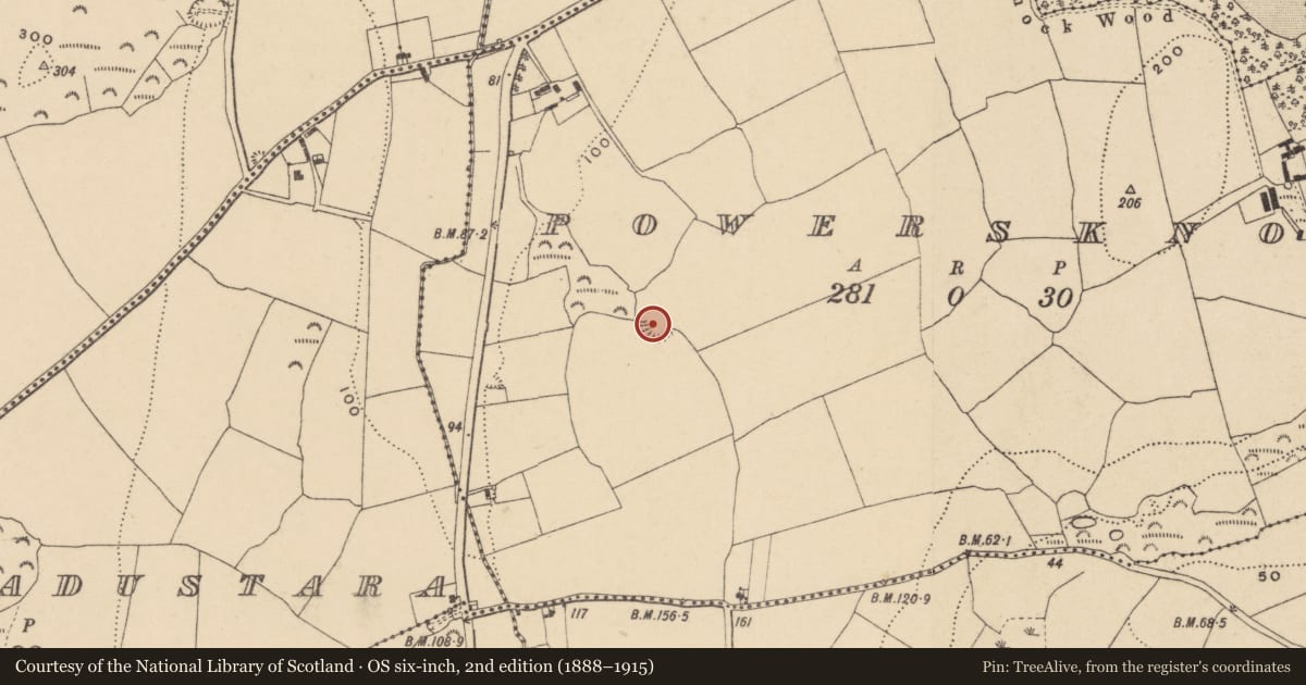 Ordnance Survey six-inch map, 2nd edition (1888–1915) covering the location of Ringfort - rath, Powersknock, County Waterford, with a pin at the register's coordinates