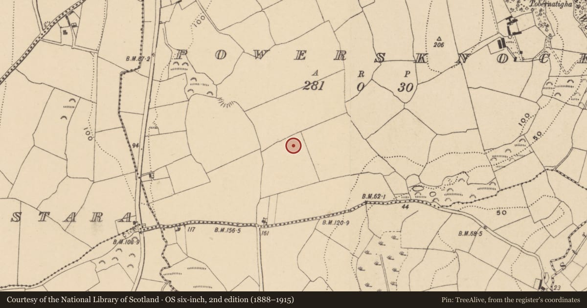 Ordnance Survey six-inch map, 2nd edition (1888–1915) covering the location of Ringfort - unclassified, Powersknock, County Waterford, with a pin at the register's coordinates
