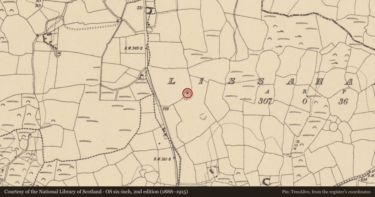 Ordnance Survey six-inch map, 2nd edition (1888–1915) covering the location of Ringfort - rath, Lissahane, County Waterford, with a pin at the register's coordinates