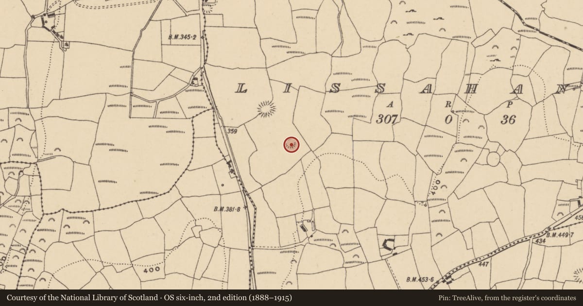 Ordnance Survey six-inch map, 2nd edition (1888–1915) covering the location of Earthwork, Lissahane, County Waterford, with a pin at the register's coordinates
