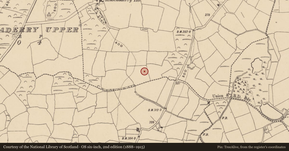 Ordnance Survey six-inch map, 2nd edition (1888–1915) covering the location of Burnt mound, Knockaderry Lower, County Waterford, with a pin at the register's coordinates
