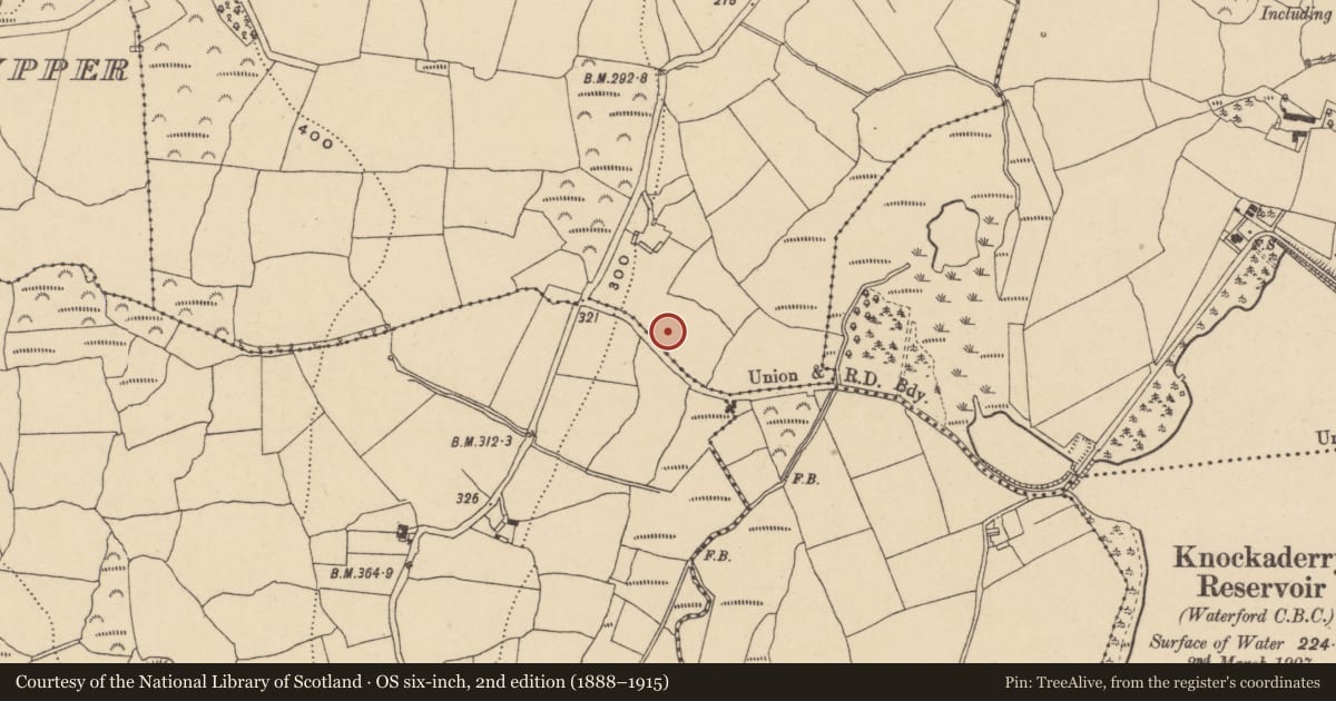 Ordnance Survey six-inch map, 2nd edition (1888–1915) covering the location of Burnt mound, Knockaderry Lower, County Waterford, with a pin at the register's coordinates