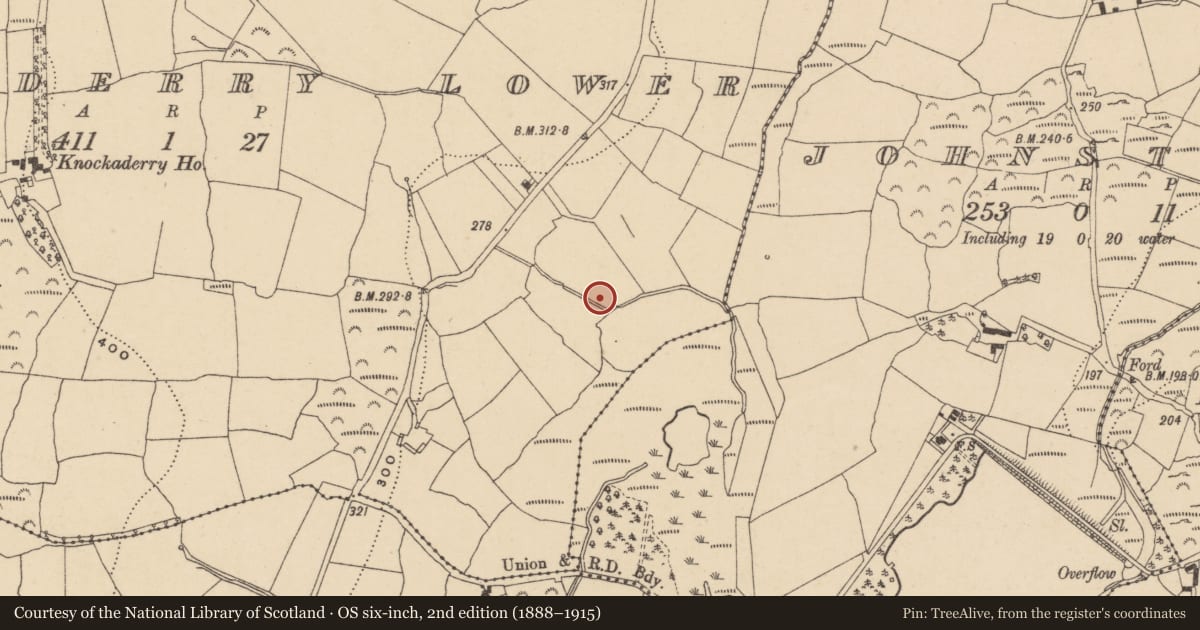 Ordnance Survey six-inch map, 2nd edition (1888–1915) covering the location of Burnt mound, Knockaderry Lower, County Waterford, with a pin at the register's coordinates