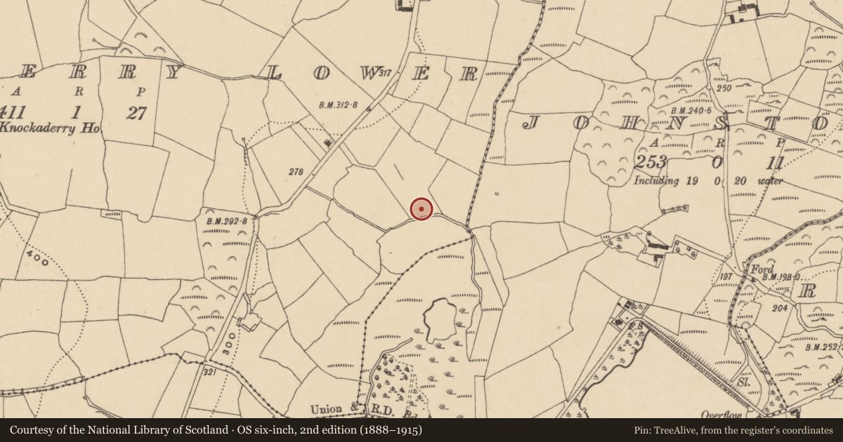 Ordnance Survey six-inch map, 2nd edition (1888–1915) covering the location of Burnt mound, Knockaderry Lower, County Waterford, with a pin at the register's coordinates