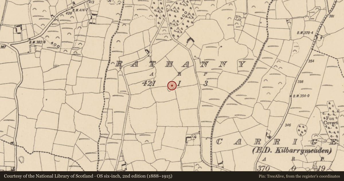 Ordnance Survey six-inch map, 2nd edition (1888–1915) covering the location of Enclosure, Rathanny, County Waterford, with a pin at the register's coordinates