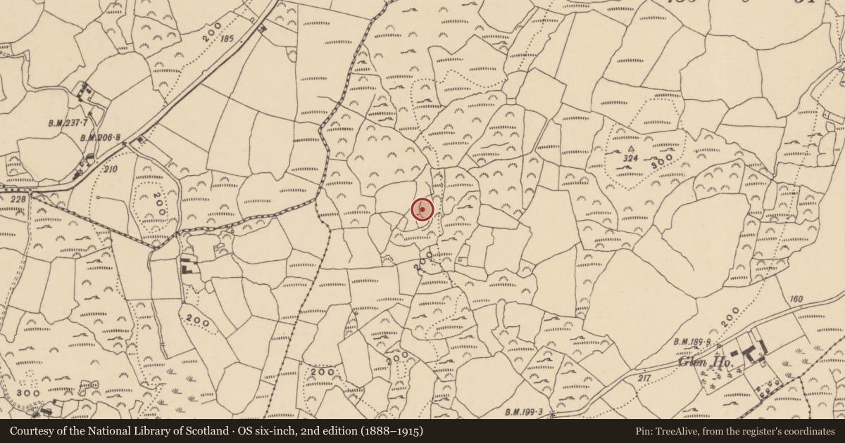 Ordnance Survey six-inch map, 2nd edition (1888–1915) covering the location of Church, Loughdeheen, County Waterford, with a pin at the register's coordinates