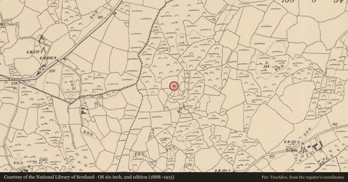 Ordnance Survey six-inch map, 2nd edition (1888–1915) covering the location of Ecclesiastical enclosure, Loughdeheen, County Waterford, with a pin at the register's coordinates