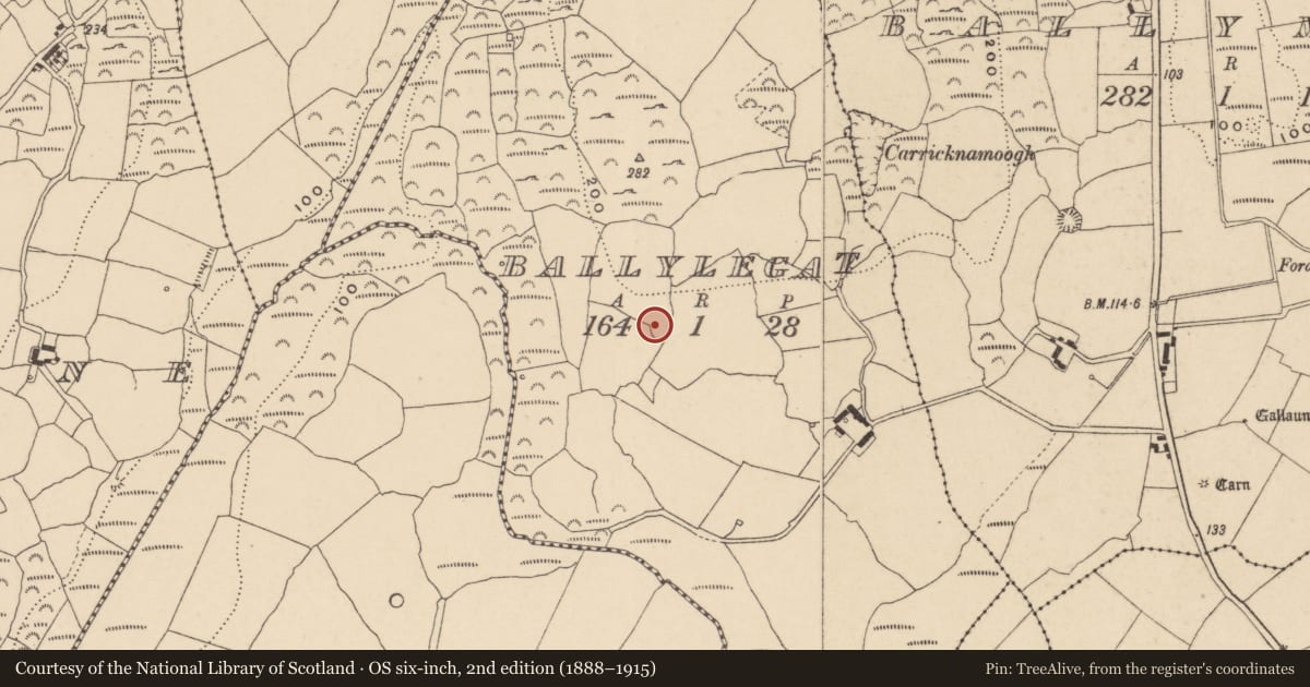 Ordnance Survey six-inch map, 2nd edition (1888–1915) covering the location of Enclosure, Ballylegat, County Waterford, with a pin at the register's coordinates