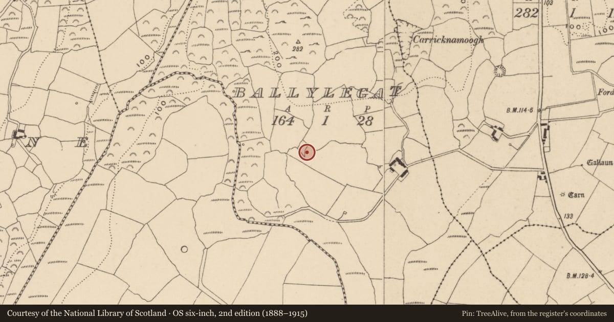 Ordnance Survey six-inch map, 2nd edition (1888–1915) covering the location of Ringfort - unclassified, Ballylegat, County Waterford, with a pin at the register's coordinates