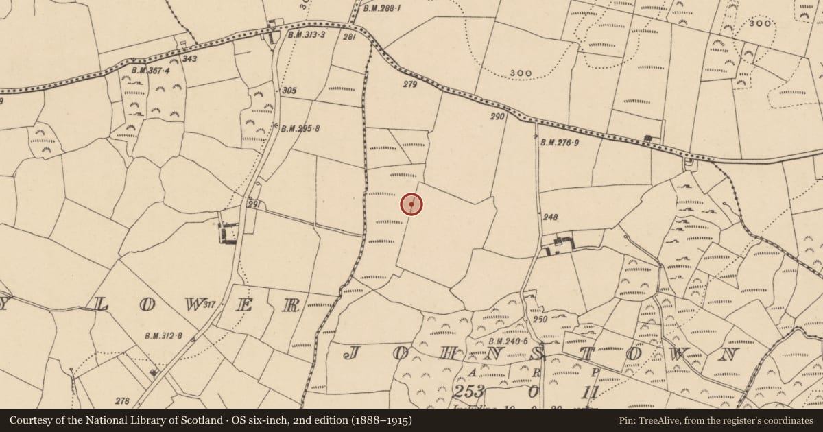 Ordnance Survey six-inch map, 2nd edition (1888–1915) covering the location of Burnt mound, Johnstown, County Waterford, with a pin at the register's coordinates