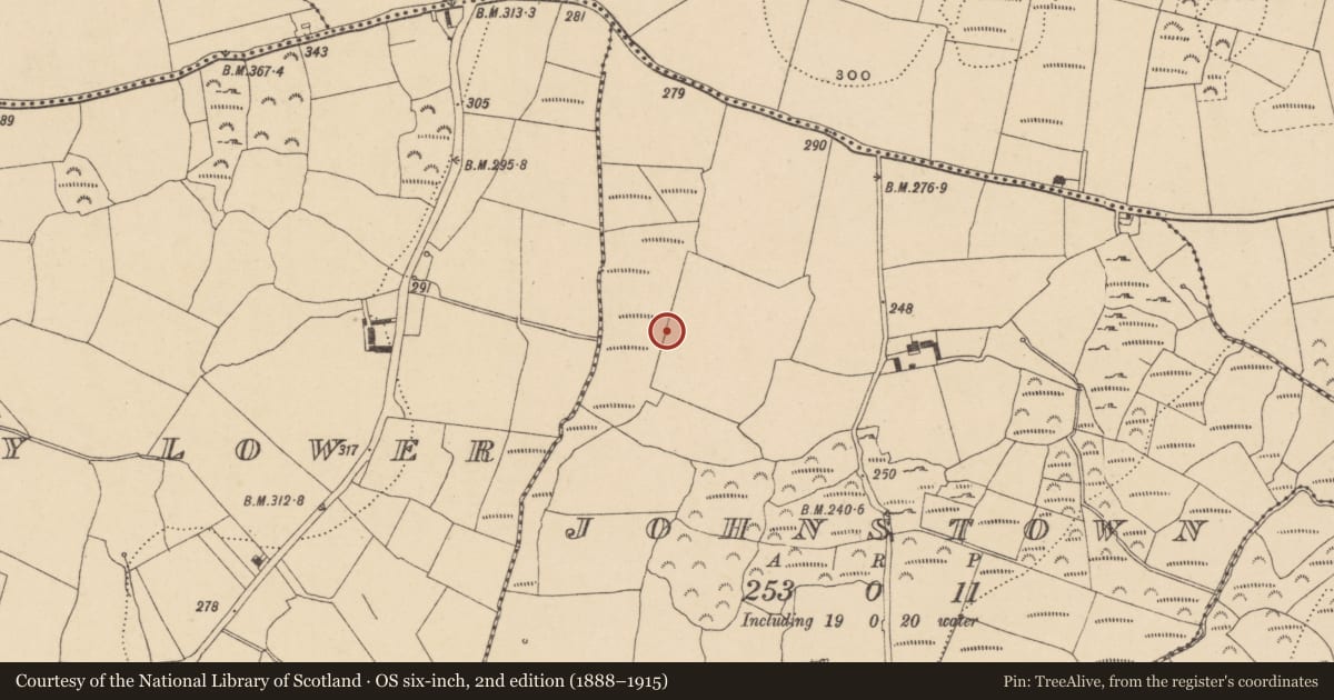 Ordnance Survey six-inch map, 2nd edition (1888–1915) covering the location of Burnt mound, Johnstown, County Waterford, with a pin at the register's coordinates