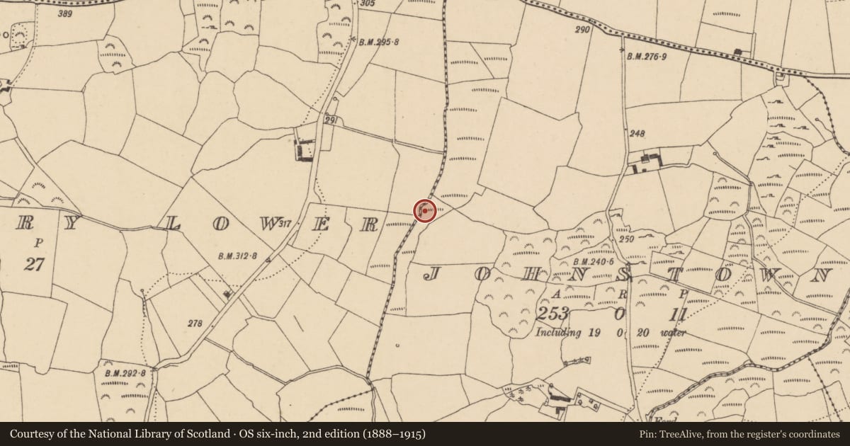 Ordnance Survey six-inch map, 2nd edition (1888–1915) covering the location of Burnt mound, Johnstown, County Waterford, with a pin at the register's coordinates