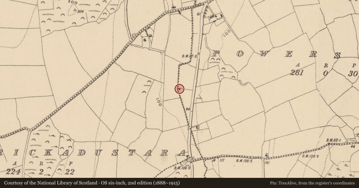 Ordnance Survey six-inch map, 2nd edition (1888–1915) covering the location of Burnt mound, Powersknock, County Waterford, with a pin at the register's coordinates