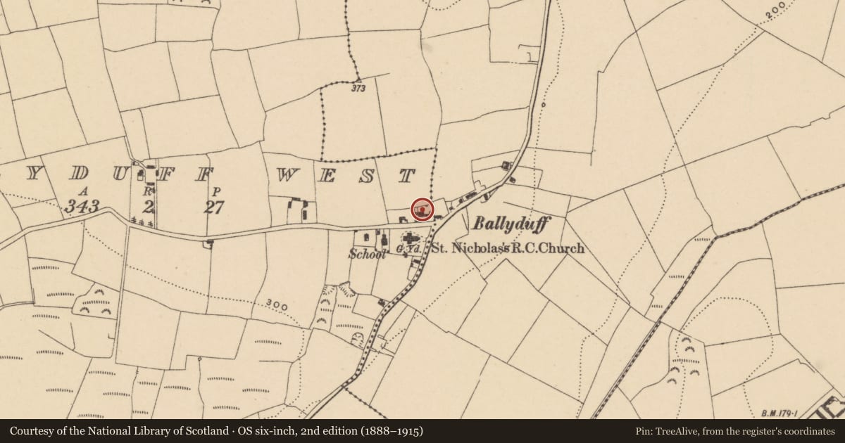 Ordnance Survey six-inch map, 2nd edition (1888–1915) covering the location of Church, Ballyduff East, Ballyduff West, County Waterford, with a pin at the register's coordinates