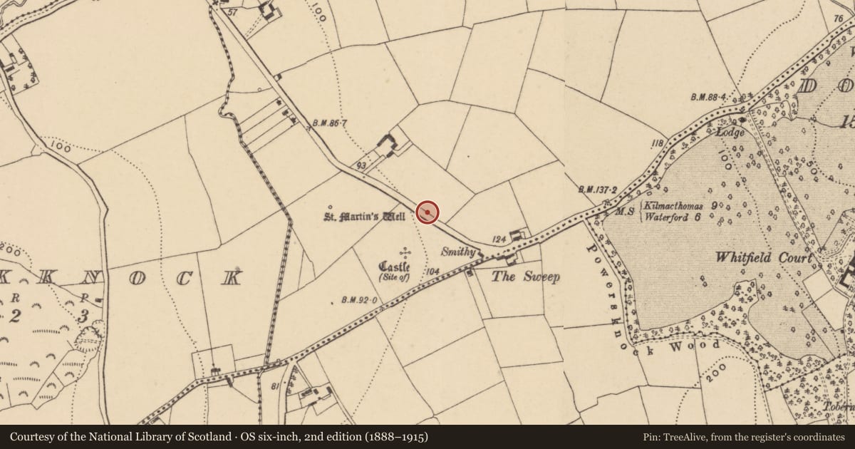 Ordnance Survey six-inch map, 2nd edition (1888–1915) covering the location of Boundary stone, Adamstown (Middlethird By., Kilmeadan Par.), County Waterford, with a pin at the register's coordinates