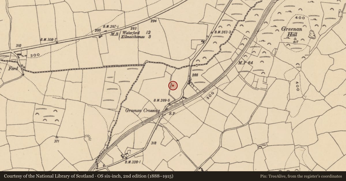 Ordnance Survey six-inch map, 2nd edition (1888–1915) covering the location of Fulacht fia, Greenan, County Waterford, with a pin at the register's coordinates