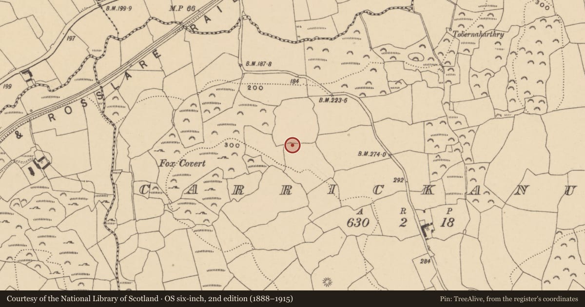 Ordnance Survey six-inch map, 2nd edition (1888–1915) covering the location of Enclosure, Carrickanure, County Waterford, with a pin at the register's coordinates