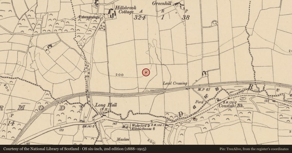 Ordnance Survey six-inch map, 2nd edition (1888–1915) covering the location of Enclosure, Kilmoyemoge East, County Waterford, with a pin at the register's coordinates