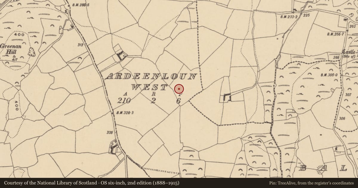 Ordnance Survey six-inch map, 2nd edition (1888–1915) covering the location of Enclosure, Ardeenloun West, County Waterford, with a pin at the register's coordinates