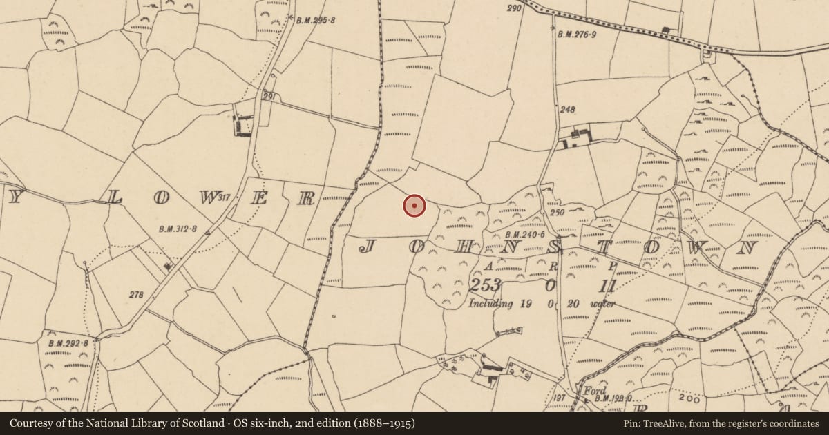Ordnance Survey six-inch map, 2nd edition (1888–1915) covering the location of Burnt spread, Johnstown, County Waterford, with a pin at the register's coordinates