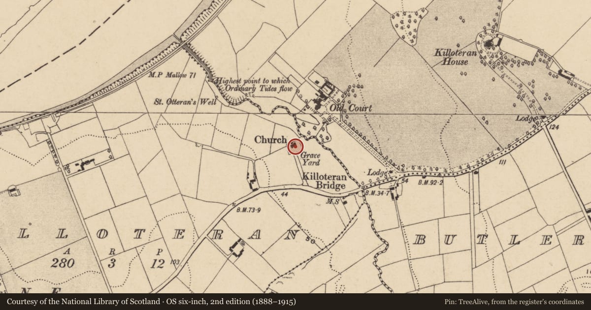Ordnance Survey six-inch map, 2nd edition (1888–1915) covering the location of Church, Killoteran, County Waterford, with a pin at the register's coordinates
