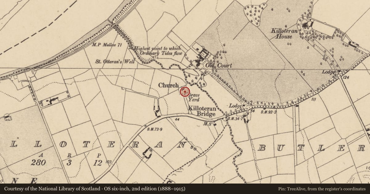 Ordnance Survey six-inch map, 2nd edition (1888–1915) covering the location of Graveslab, Killoteran, County Waterford, with a pin at the register's coordinates