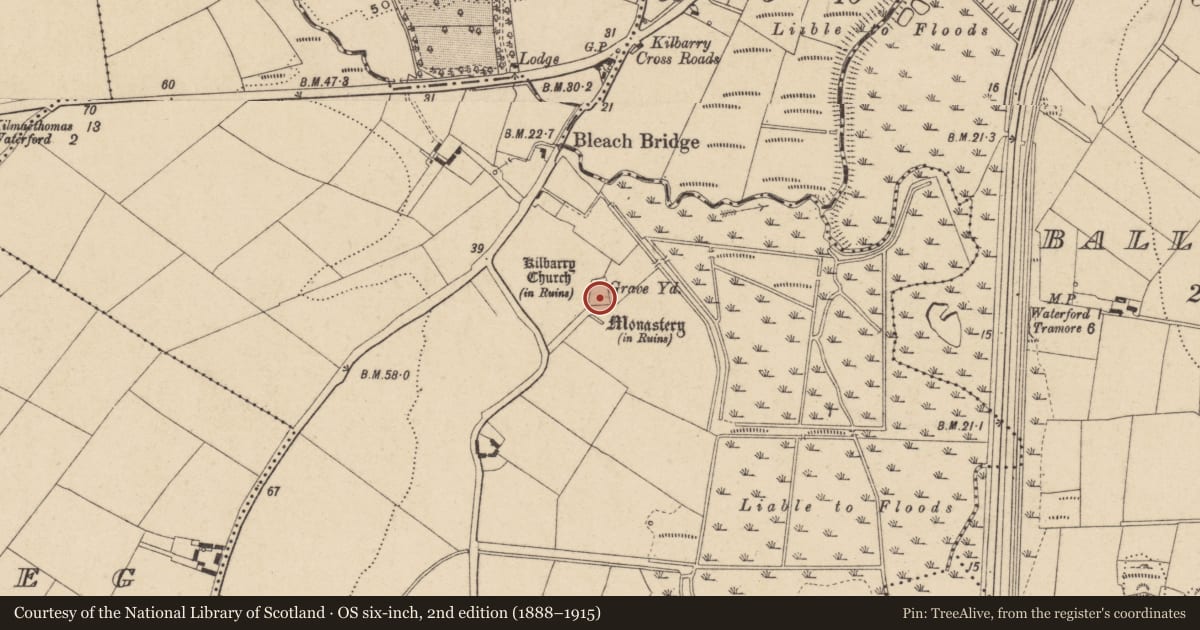 Ordnance Survey six-inch map, 2nd edition (1888–1915) covering the location of Graveyard, Kilbarry, County Waterford, with a pin at the register's coordinates