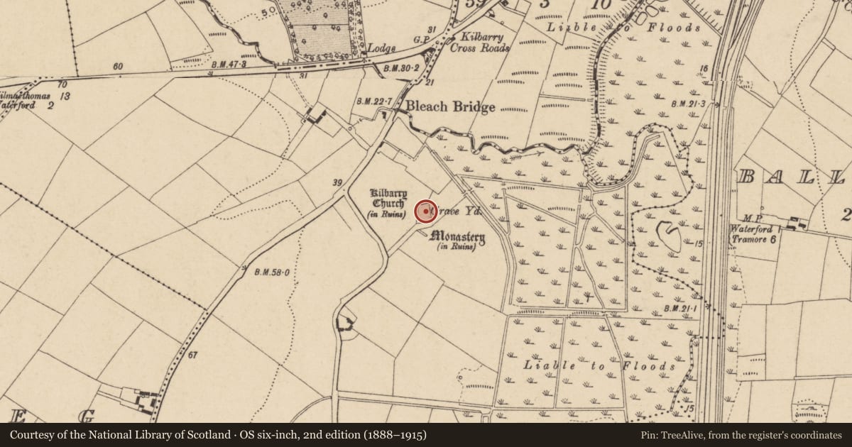 Ordnance Survey six-inch map, 2nd edition (1888–1915) covering the location of Building, Kilbarry, County Waterford, with a pin at the register's coordinates
