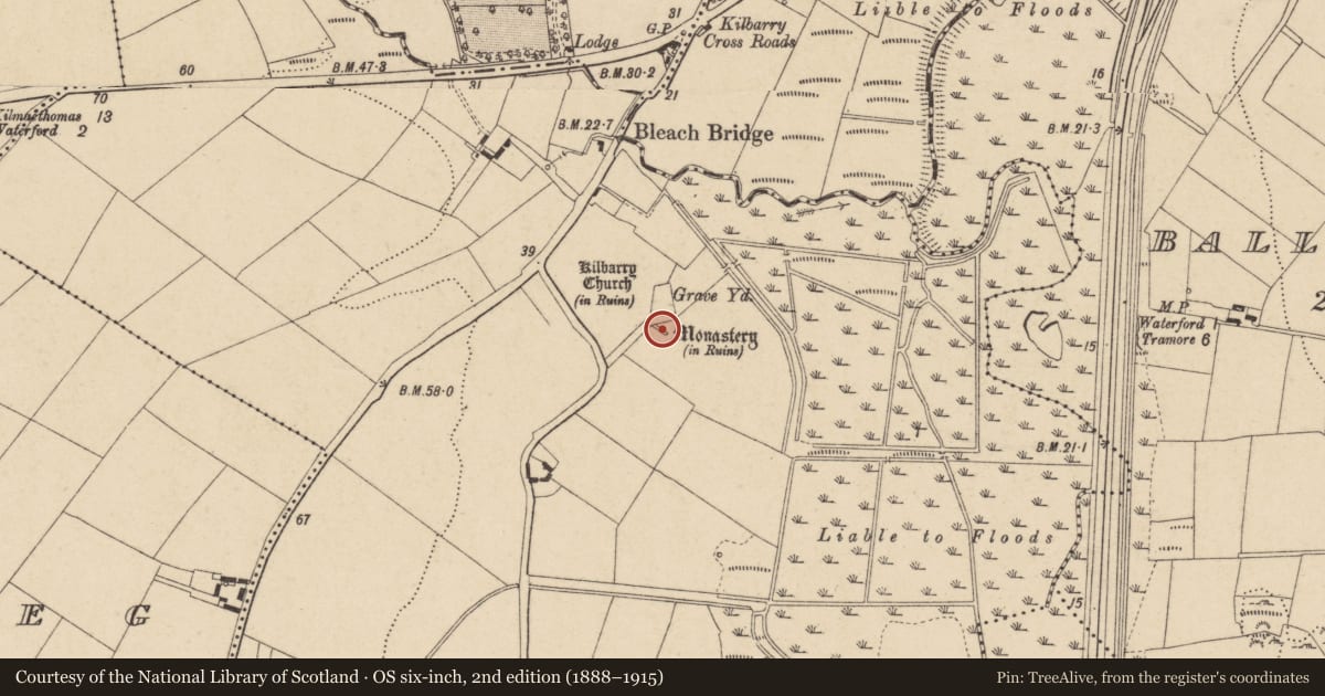 Ordnance Survey six-inch map, 2nd edition (1888–1915) covering the location of Building, Kilbarry, County Waterford, with a pin at the register's coordinates