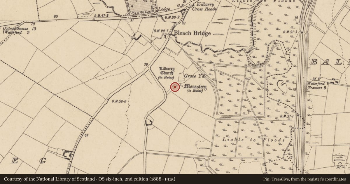 Ordnance Survey six-inch map, 2nd edition (1888–1915) covering the location of Road - hollow-way, Kilbarry, County Waterford, with a pin at the register's coordinates