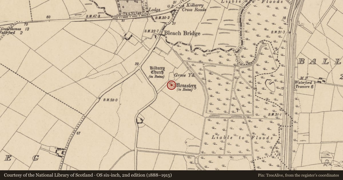 Ordnance Survey six-inch map, 2nd edition (1888–1915) covering the location of Building, Kilbarry, County Waterford, with a pin at the register's coordinates