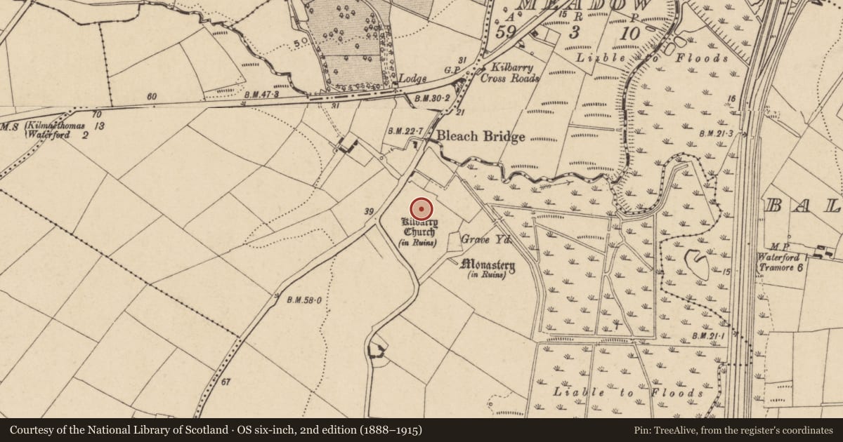Ordnance Survey six-inch map, 2nd edition (1888–1915) covering the location of Building, Kilbarry, County Waterford, with a pin at the register's coordinates