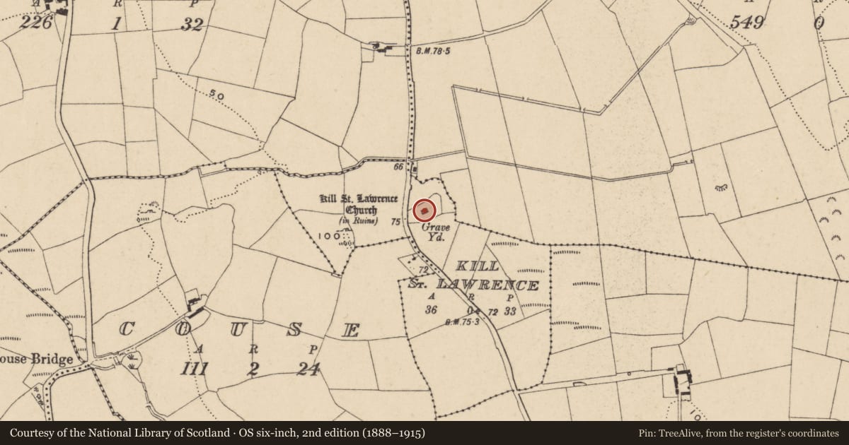 Ordnance Survey six-inch map, 2nd edition (1888–1915) covering the location of Church, Kill St. Lawrence, County Waterford, with a pin at the register's coordinates
