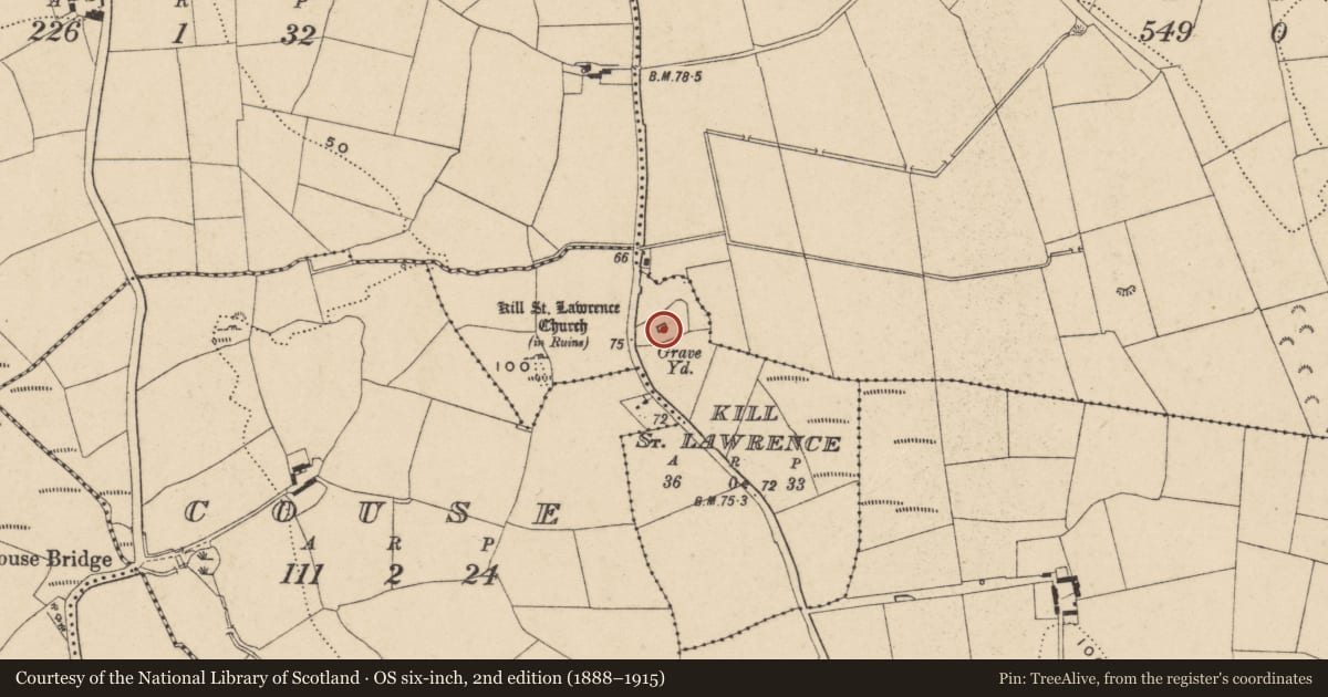 Ordnance Survey six-inch map, 2nd edition (1888–1915) covering the location of Ecclesiastical enclosure, Kill St. Lawrence, County Waterford, with a pin at the register's coordinates