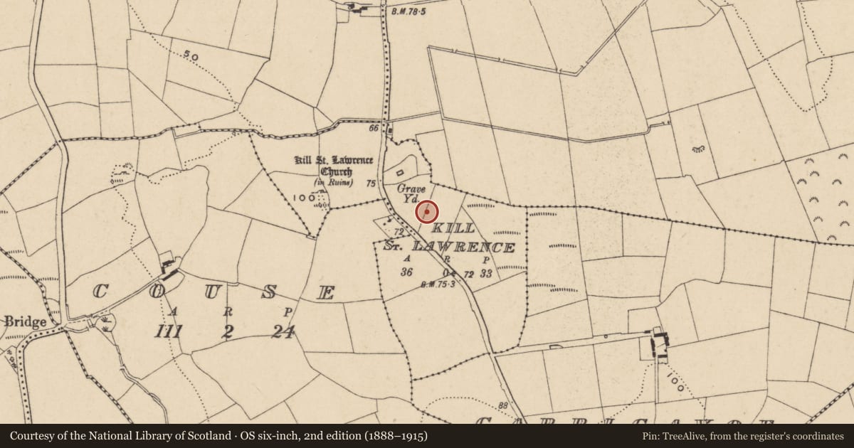 Ordnance Survey six-inch map, 2nd edition (1888–1915) covering the location of Hut site, Kill St. Lawrence, County Waterford, with a pin at the register's coordinates