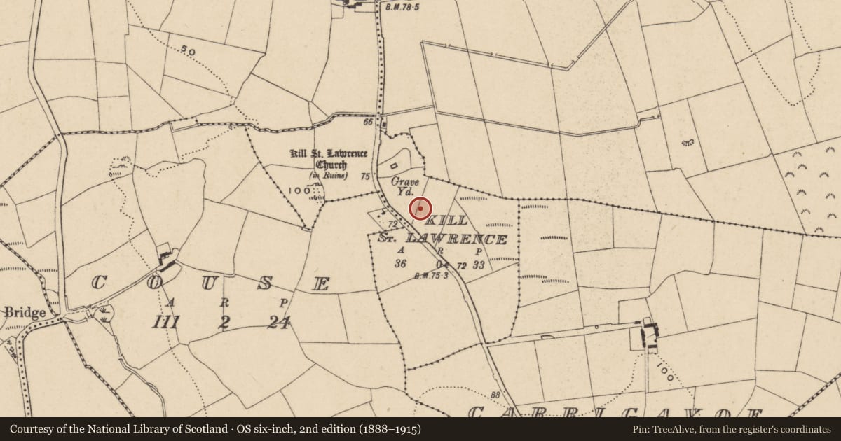 Ordnance Survey six-inch map, 2nd edition (1888–1915) covering the location of Hut site, Kill St. Lawrence, County Waterford, with a pin at the register's coordinates