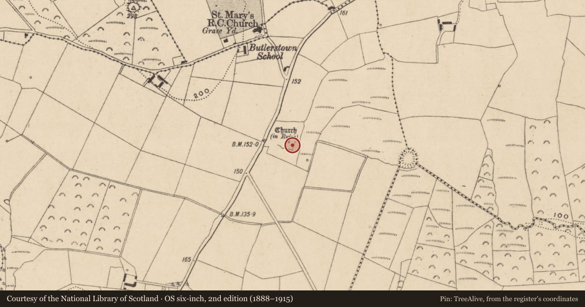 Ordnance Survey six-inch map, 2nd edition (1888–1915) covering the location of Church, Kilronan, County Waterford, with a pin at the register's coordinates