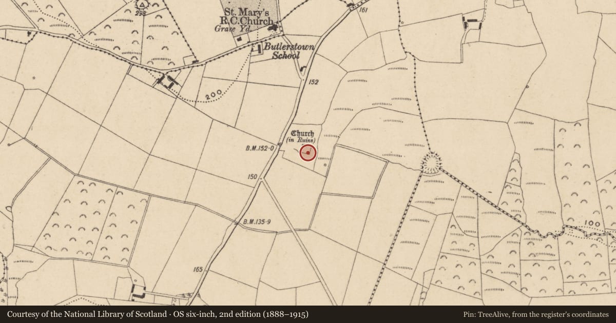 Ordnance Survey six-inch map, 2nd edition (1888–1915) covering the location of Graveyard, Kilronan, County Waterford, with a pin at the register's coordinates