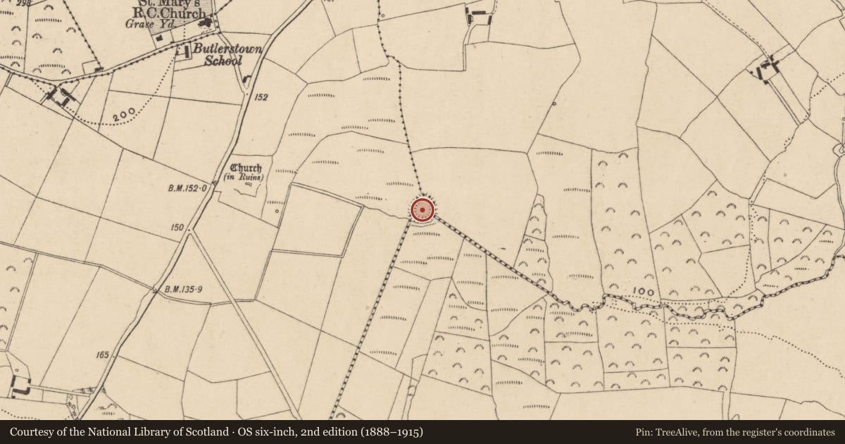 Ordnance Survey six-inch map, 2nd edition (1888–1915) covering the location of Ringfort - rath, County Waterford, with a pin at the register's coordinates