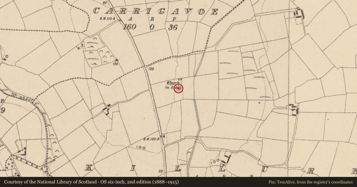 Ordnance Survey six-inch map, 2nd edition (1888–1915) covering the location of Structure, Killure, County Waterford, with a pin at the register's coordinates