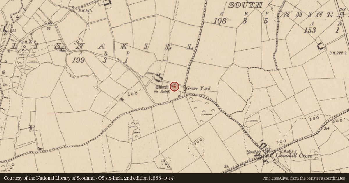 Ordnance Survey six-inch map, 2nd edition (1888–1915) covering the location of Church, Lisnakill, County Waterford, with a pin at the register's coordinates