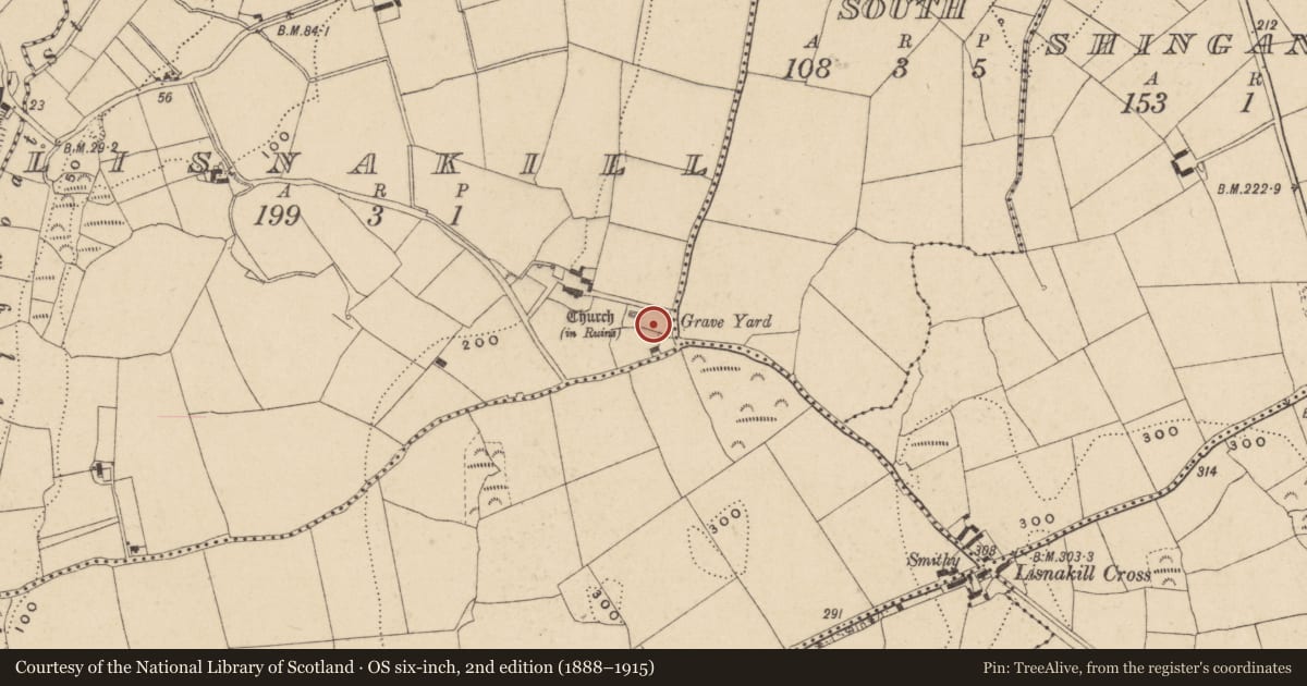 Ordnance Survey six-inch map, 2nd edition (1888–1915) covering the location of Architectural fragment, Lisnakill, County Waterford, with a pin at the register's coordinates