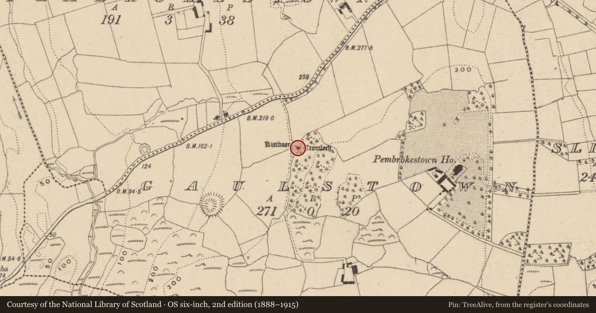 Ordnance Survey six-inch map, 2nd edition (1888–1915) covering the location of Megalithic tomb - portal tomb, Gaulstown, County Waterford, with a pin at the register's coordinates