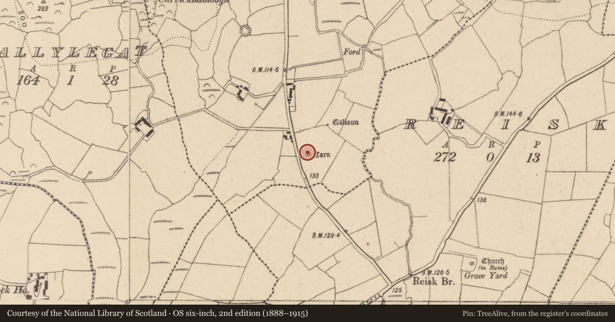 Ordnance Survey six-inch map, 2nd edition (1888–1915) covering the location of Barrow - mound barrow, Ballymoat, County Waterford, with a pin at the register's coordinates