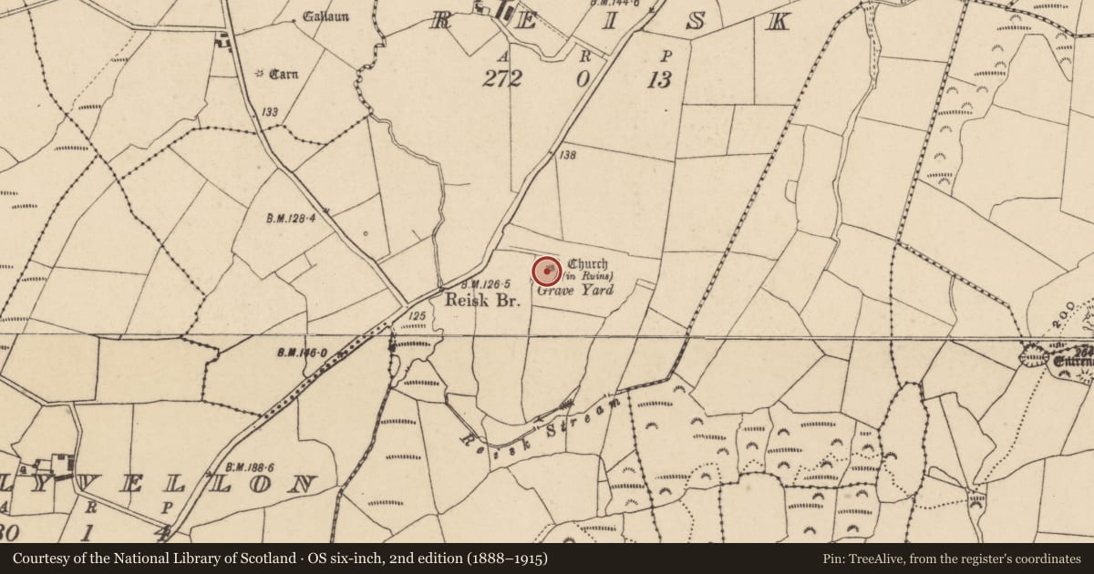 Ordnance Survey six-inch map, 2nd edition (1888–1915) covering the location of Church, Reisk, County Waterford, with a pin at the register's coordinates