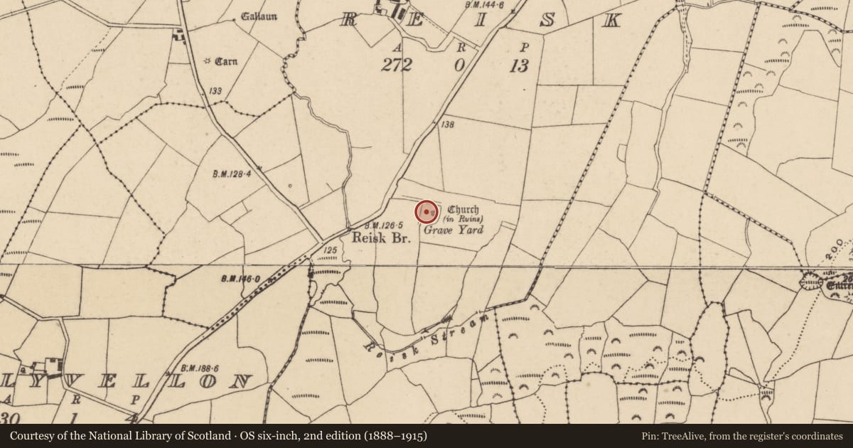 Ordnance Survey six-inch map, 2nd edition (1888–1915) covering the location of Graveyard, Reisk, County Waterford, with a pin at the register's coordinates